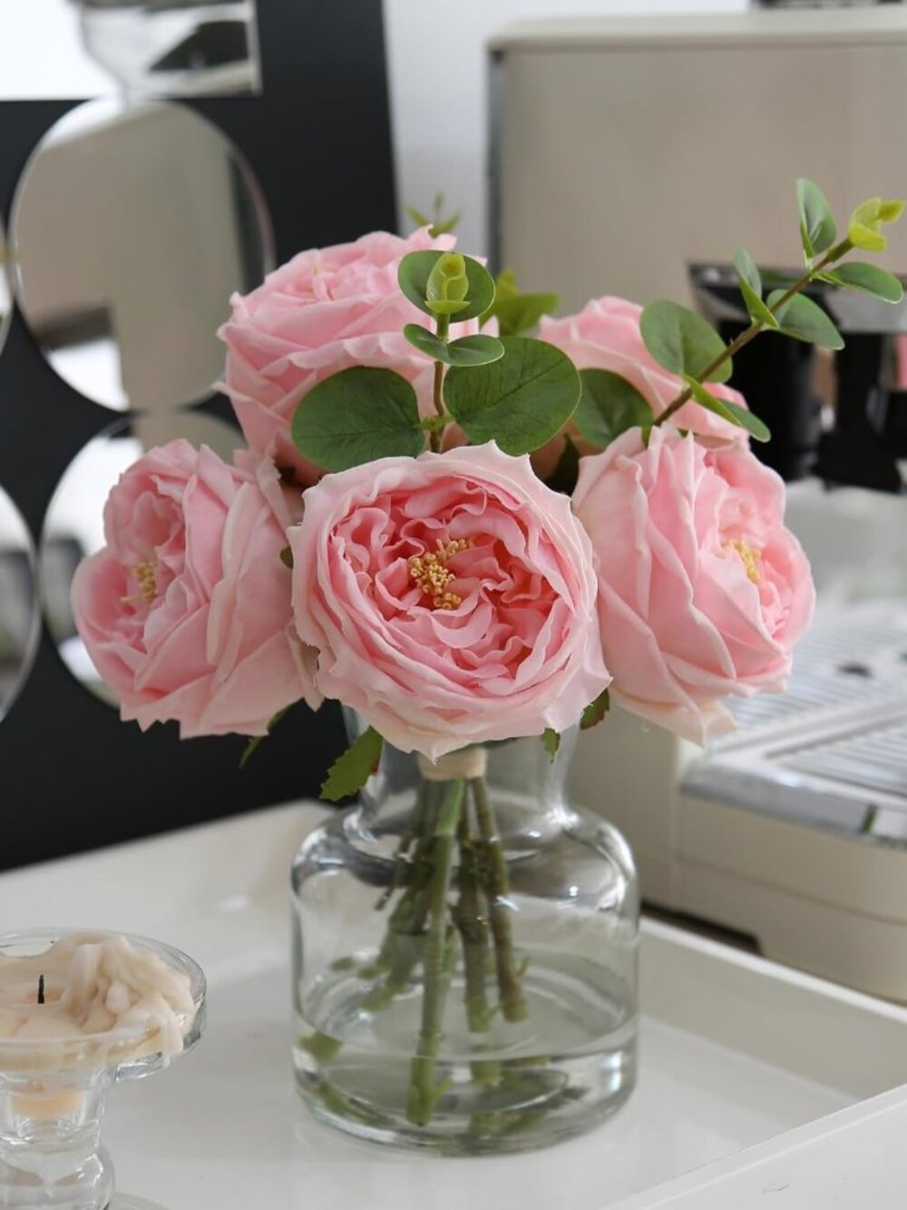 Lifelike Pink Rose Faux Flower Arrangement in Vase - Perfect Dining Table